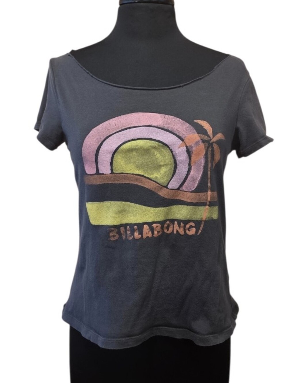 Billabong Distressed Gray Graphic Tee Beach Babe Vacation Pastel Sunset